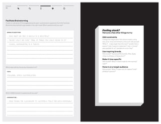 DT for Ed
50
Facilitate Brainstorming
Create, or use some of the suggested some warm-up brainstorm questions from the Facilitate
Brainstorming method to get people in the right mood. Which questions will you use?
Which topic will you focus your brainstorm on?
Which HMW brainstorm questions will you use?
WARM-UP QUESTIONS
- HOW MIGHT WE FIND A NEEDLE IN A HAYSTACK?
- “NEVER COULD WE EVER.” THINK OF THINGS YOU COULD NEVER DO AT
SCHOOL, UNDERWATER, IN A TUXEDO.
TOPIC
PERSONAL SPACE CUSTOMIZATION
HOW MIGHT WE...
- HMW DESIGN THE CLASSROOM TO CUSTOMIZE ITSELF FOR EACH INDIVIDUAL?
Workbook
51
3–1 Generate Ideas IDEATION
Feeling stuck?
Here are a few other things to try:
Add constraints
Change the magnitude of the solution space, using
size, price, time commitments, and count. Ask yourself,
“What if… it was larger than this room? smaller than a
peanut? took 5 years to implement? took 1 minute?
was available for all? available for only a few?”
Use inspiring brands.
Ask yourself, “How would McDonald’s, Nike, Apple,
Urban Outﬁtters, or Disney do it?”
Make it time-speciﬁc
Ask yourself, “What if it were made for the morning?
night?”
Hone in on a target audience
Ask yourself, “What if it were only for tweens? kids?
athletes? parents?”
 
