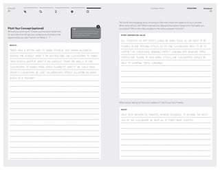 DT for Ed
82
Pitch Your Concept (optional)
Who are you pitching to? Create a provocative statement
for your idea that will get your audience excited about the
opportunities you see. Frame it as “What if…?”
WHAT IF...
THERE WAS A BETTER WAY TO SHARE PHYSICAL AND HUMAN RESOURCES
ACROSS THE SCHOOL? WHAT IF WE RESTRUCTURE OUR CLASSROOMS TO SHARE
THEM ACROSS GRADES? WHAT IF WE KNOCKED DOWN THE WALLS OF OUR
CLASSROOMS TO ENABLE MORE SPACE FLEXIBILITY? WHAT IF WE COULD HAVE
PRIVACY CLASSROOMS OR LOUD COLLABORATION SPACES ALLWITHIN AN ARMS
REACH OF A TEACHER?
TIP
Use this method when you are trying
to gain support from others in order
to bring your idea to life.
!
Workbook
83
5–2 Engage Others EVOLUTION
What are you asking for from your audience? Clarify your list of needs.
Tell a brief and engaging story, focusing on the most important aspects of your concept.
What story will you tell? What inspired your idea and how does it respond to the needs you
uncovered? Why is this idea valuable to the various people involved?
NEEDS
HELP FROM ARCHITECTS, PARENTS, INTERIOR DESIGNERS, TO RETHINK THE BEST
USE OF THE CLASSROOM. OR, HELP US TO START FROM SCRATCH.
STORY, INSPIRATION, VALUE
ALL STUDENTS DO NOT STUDY, LEARN, OR WORK ALIKE. AS WE NEED TO BE
FLEXIBLE IN OUR TEACHING STYLES, AS DO OUR CLASSROOMS NEED TO BE TO
SUPPORT US. STRUCTURAL BARRIERS IMPACT LEARNING AND BEHAVIOR. OFFICE
SPACES ARE FLEXING TO NEW WORK STYLES, OUR CLASSROOMS SHOULD BE
ABLE TO LEVERAGE THOSE LEARNINGS..
 