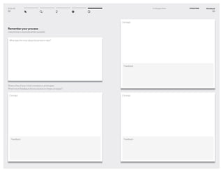 DT for Ed
88
Remember your process
Use photos to illustrate where possible.
Share a few of your initial concepts or prototypes.
What kind of feedback did you receive on these concepts?
What was the most absurd brainstorm idea?
Concept
Feedback
Workbook
89
5–2 Engage Others EVOLUTION
Concept
Feedback
Concept
Feedback
 