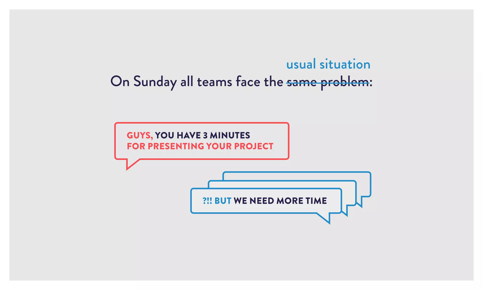 On Sunday all teams face the same problem:
usual situation
GUYS, YOU HAVE 3 MINUTES
FOR PRESENTING YOUR PROJECT
?!! BUT WE NEED MORE TIME
 