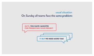 On Sunday all teams face the same problem:
usual situation
GUYS, YOU HAVE 3 MINUTES
FOR PRESENTING YOUR PROJECT
?!! BUT WE...
