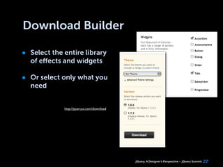 jQuery, A Designer’s Perspective jQuery Summit
Download Builder
• Select the entire library
of eﬀects and widgets
• Or select only what you
need
22
http://jqueryui.com/download
 