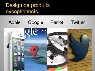 Design de produits
exceptionnels
Apple

Google

Parrot

Twitter

 