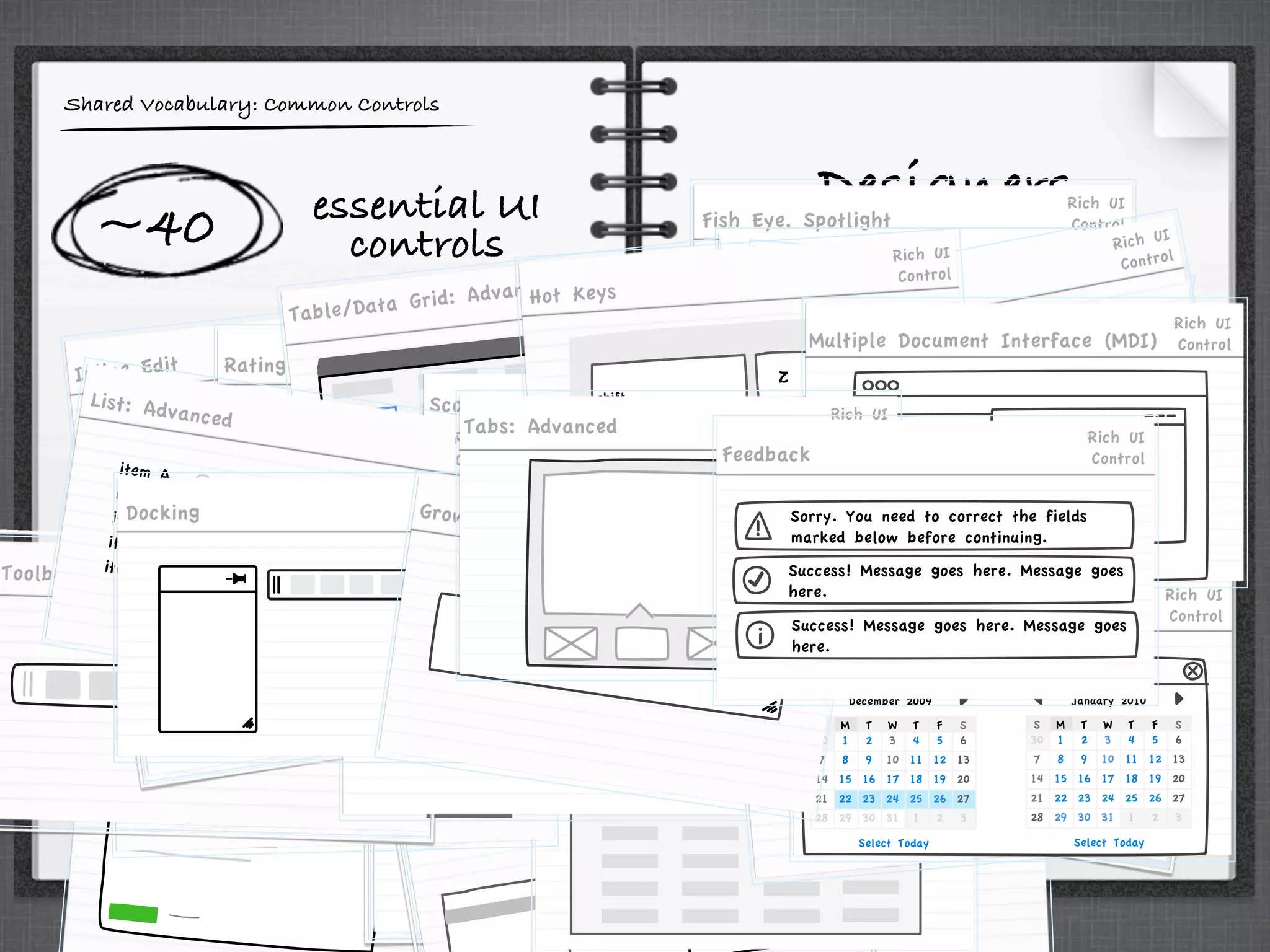 Shared Vocabulary: Common Controls
~40 essential UI
controls
Designers
Explore these
frameworks and play
with the controls
Developers
Look outside of the
framework you use
to see what else is
evolving
Rich UI
Control
Inline Edit
Text
Save Cancel
Text Rich UI
Control
Sparklines
Rich UI
Control
Calendar/Event Scheduler
Dec 2009
30
3
29
1
2
31
28
24
21
23
25
27
26
22
20
18
14
17
19
16
15 12
9
11
8
7
10
13
S
6
F
5
T
4
W
3
T
2
1
M
30
S
Rich UI
Control
Dialogs
Record Locator/Paginator
1 of 2 records Go to record
Rich UI
Control
Tooltips: Advanced
Formatted text
Rich UI
Control
Vertical Browser, Category Chooser
Rich UI
Control
Dynamic Filtering
Rich UI
Control
Charts/Graphs
2,500 visitors
Rich UI
Control
Drag and Drop Manager
Rich UI
Control
Carousel/Coverflow Rich UI
Control
Collapsible Panels
x
Rich UI
Control
Fish Eye, Spotlight
Far far away, behind the word mountains,
far from the countries Vokalia and
Consonantia, there live the blind texts.
Separated they live in Bookmarksgrove right
at the coast of the Semantics, a large
language ocean.
Rich UI
Control
Gantt Chart
Rich UI
Control
Portals
Rich UI
Control
Dialogs
Rich UI
Control
Magnify
2
Slider
Rich UI
Control
888
Progress Indicator
Loading... 65%
Rich UI
Control
View Toggle
Toolbar Rich UI
Control
Rich UI
Control
Zoom and Pan
Rich UI
Control
Rating
Rich UI
Control
Table/Data Grid: Advanced
Tree: Advanced
! Item 1
! Item 2
" Item 2.1
" Item 2.2
! Item 3
Item 3.1
Item 3.2
Item 3.2
Item 3.2
Rich UI
Control
Hover Detail
Rich UI
Control
Hover Actions
Action +
Rich UI
Control
Rule Builder/Predicate Editor
Any
Match of the following:
Name contains final
Type is document ...
...
Rich UI
Control
Combobox: Multi-select
select
Search
All
Authors
Title
Genre
Scoped Search
Rich UI
Control
List: Advanced
item A
item B
item C
item D
item E
Rich UI
Control
Date Picker: Advanced
To
Date Range
30 3
29 1 2
31
28
24
21 23 25 27
26
22
20
18
14 17 19
16
15
12
9 11
8
7 10 13
S
6
F
5
T
4
W
3
T
2
1
M
30
S
December 2009
Select Today
30 3
29 1 2
31
28
24
21 23 25 27
26
22
20
18
14 17 19
16
15
12
9 11
8
7 10 13
S
6
F
5
T
4
W
3
T
2
1
M
30
S
January 2010
Select Today
Rich UI
Control
Docking
Rich UI
Control
Growing Textarea
Rich UI
Control
Hot Keys
shift
Z X
fn control option command
Rich UI
Control
Multiple Document Interface (MDI)
Rich UI
Control
Tabs: Advanced Rich UI
Control
Feedback
Sorry. You need to correct the fields
marked below before continuing.
!
Success! Message goes here. Message goes
here.
Success! Message goes here. Message goes
here.
i
 