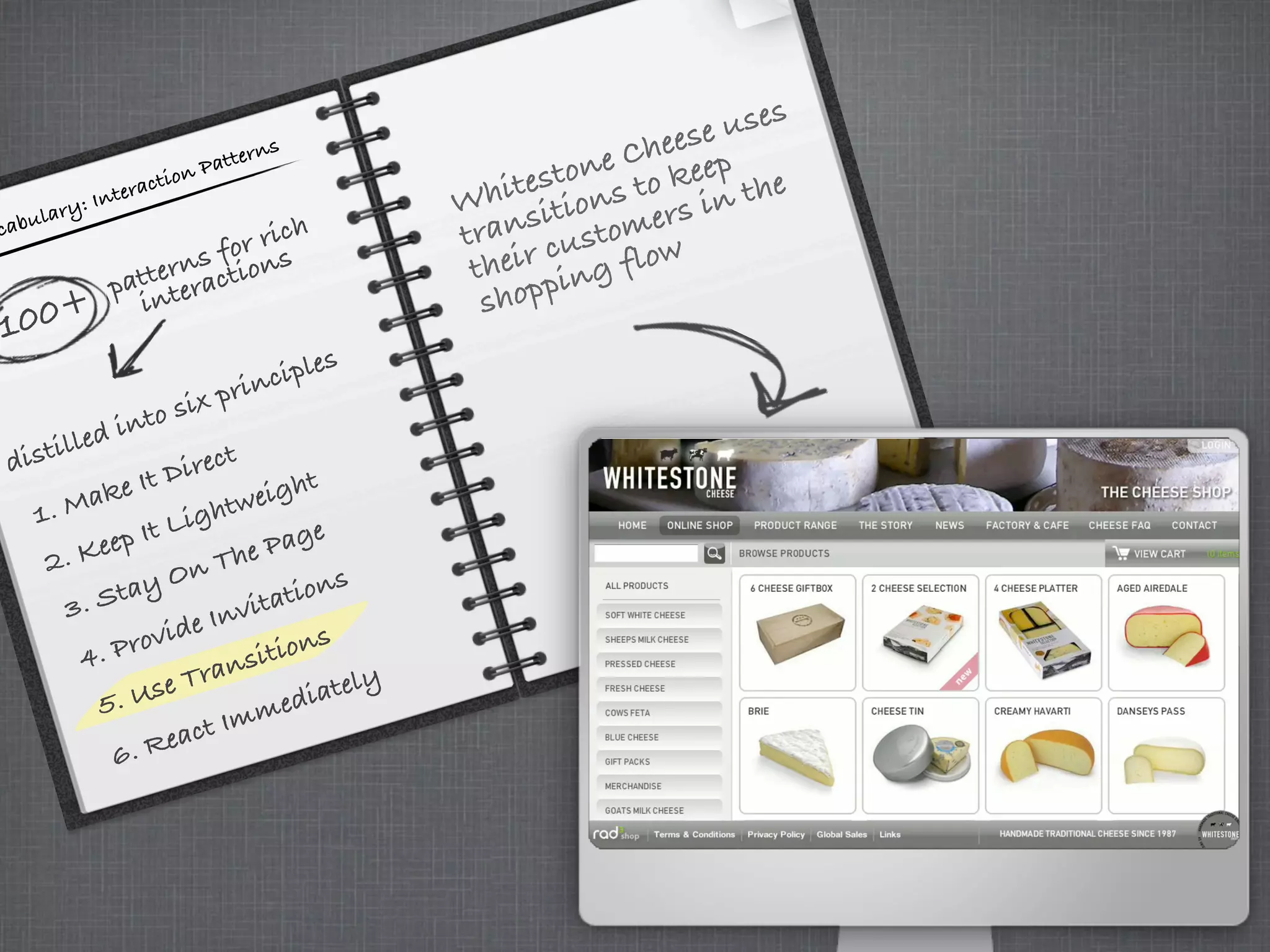 cabulary: Interaction Patterns
100+
patterns for rich
interactions
distilled into six principles
3. Stay On The Page
5. Use Transitions
4. Provide Invitations
6. React Immediately
1. Make It Direct
Whitestone Cheese uses
transitions to keep
their customers in the
shopping flow
2. Keep It Lightweight
 