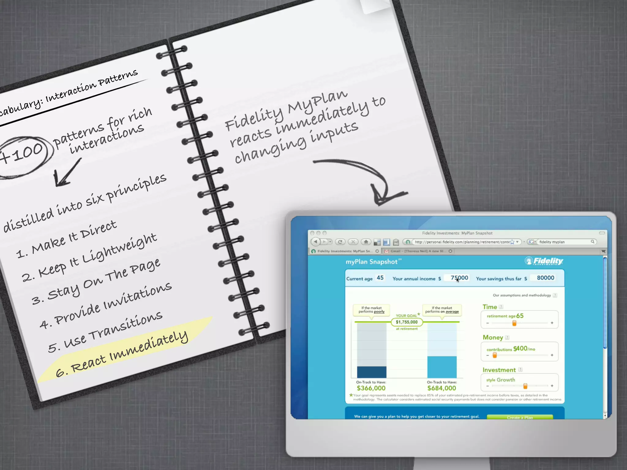 cabulary: Interaction Patterns
+100 patterns for rich
interactions
distilled into six principles
3. Stay On The Page
5. Use Transitions
4. Provide Invitations
6. React Immediately
1. Make It Direct
Fidelity MyPlan
reacts immediately to
changing inputs
2. Keep It Lightweight
 