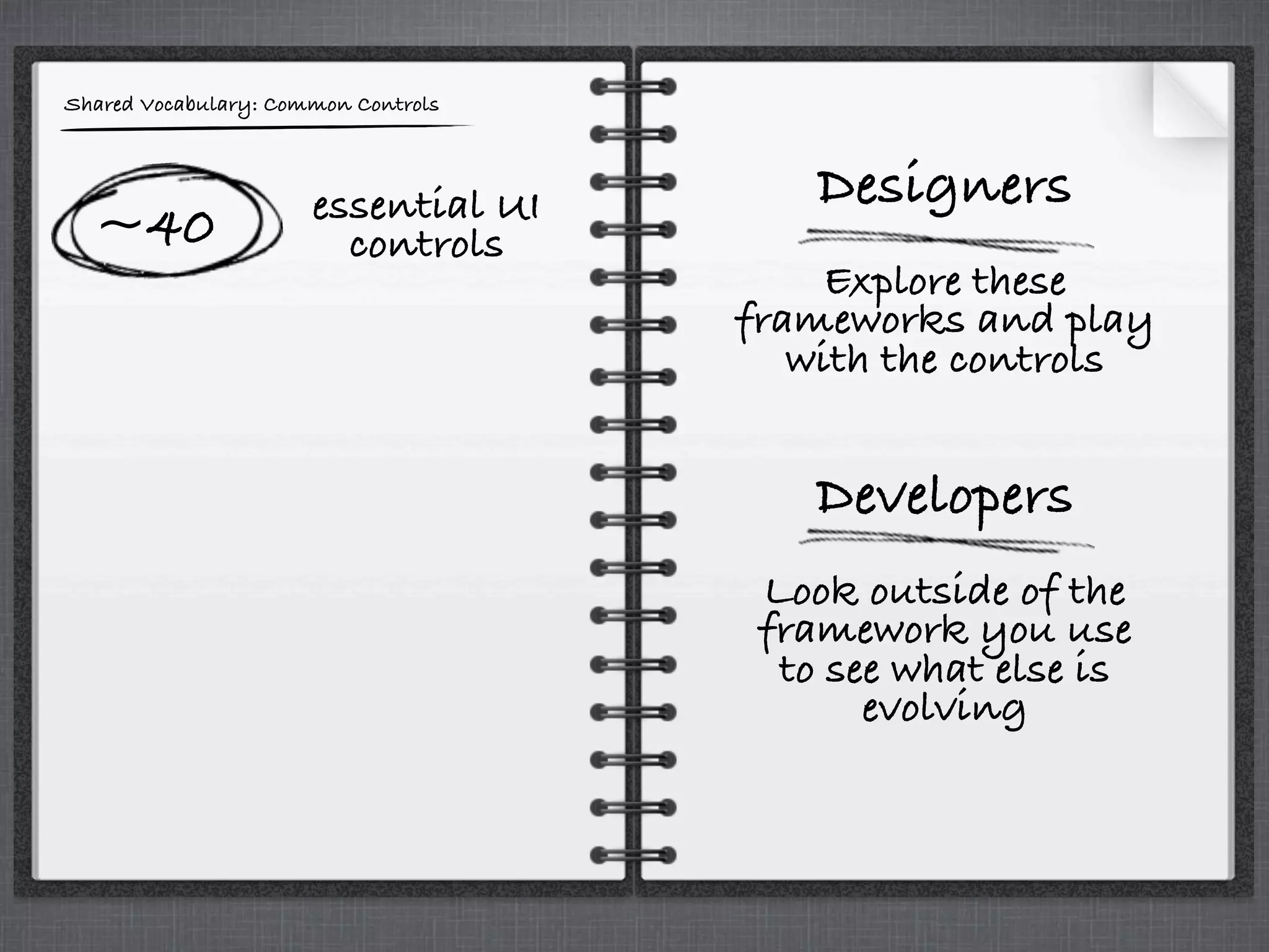 Shared Vocabulary: Common Controls
~40 essential UI
controls
Designers
Explore these
frameworks and play
with the controls
Developers
Look outside of the
framework you use
to see what else is
evolving
 