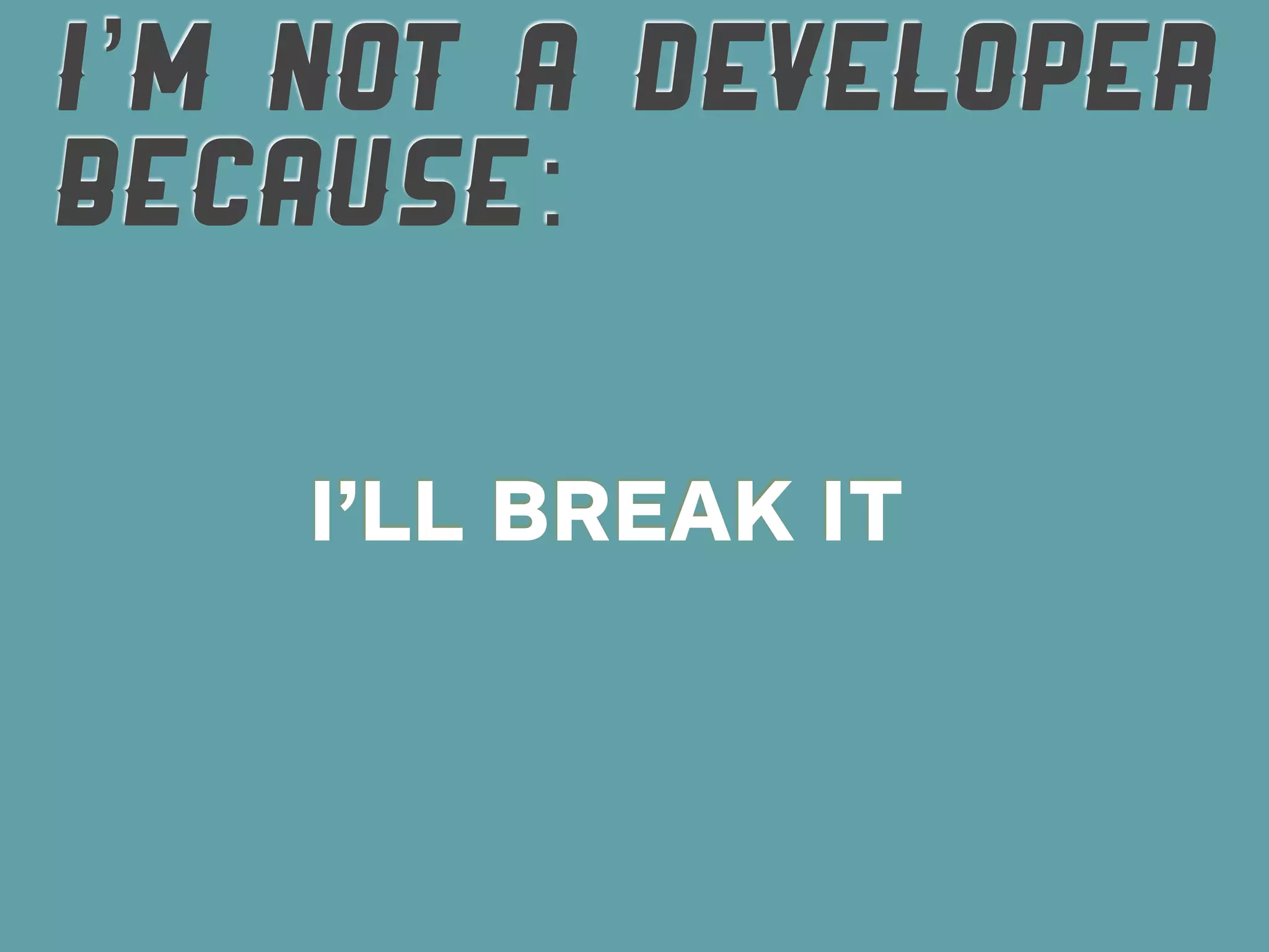 I’M NOT A DEVELOPER
BECAUSE:

    I’LL BREAK IT
 