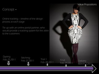 Value Propositions

Concept –

Online tracking – timeline of the design
process at each stage

Tie up with an online portal partner, who
would provide a tracking system for the attire
to the customers




Dyeing            Stitching
Feb 25,2011                           Trial 1       Final
                  Feb 27,2011                                     Delivery
                                      Feb 28,2011   Feb 29,2011   March 2,2011
 