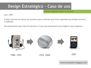 Design Estratégico – Caso de usoProduto seguinte supera o anterior Ano: 1999A Sony relutava em lançar um sucessor para o discman que havia superado seu produto anterior, o walkman.Ela argumentava que mp3 era pirataria. E que isso prejudicaria sua imagem e seus negócios. 20011980 -19931994 -2000