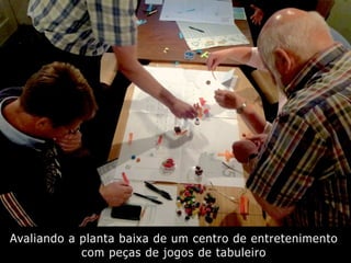 Avaliando a planta baixa de um centro de entretenimento
com peças de jogos de tabuleiro
 