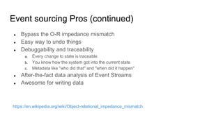 Event sourcing Pros (continued)
● Bypass the O-R impedance mismatch
● Easy way to undo things
● Debuggability and traceability
a. Every change to state is traceable
b. You know how the system got into the current state
c. Metadata like "who did that" and "when did it happen"
● After-the-fact data analysis of Event Streams
● Awesome for writing data
https://en.wikipedia.org/wiki/Object-relational_impedance_mismatch
 