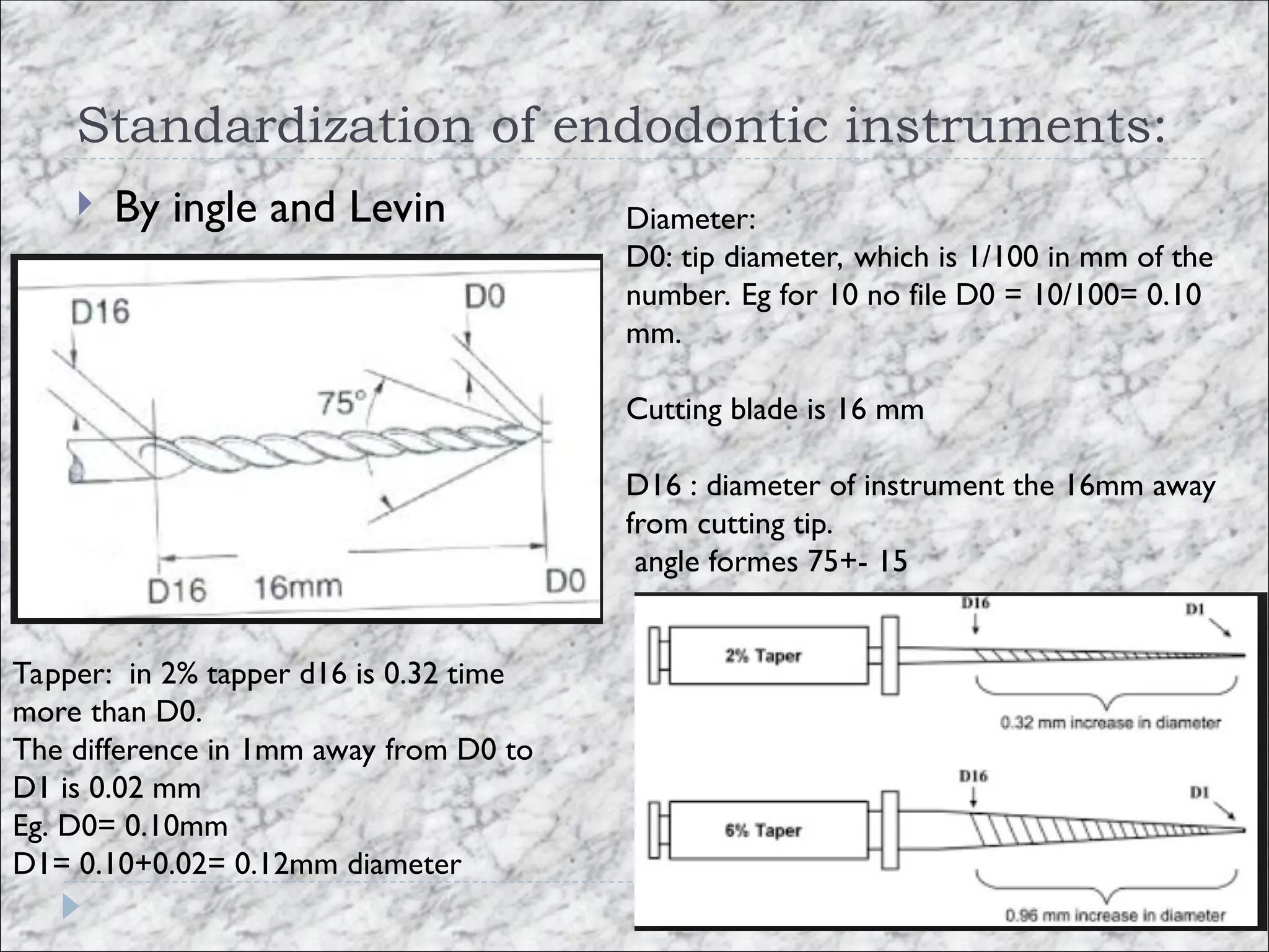 Standardization of endodontic instruments:
 By ingle and Levin Diameter:
D0: tip diameter, which is 1/100 in mm of the
number. Eg for 10 no file D0 = 10/100= 0.10
mm.
Cutting blade is 16 mm
D16 : diameter of instrument the 16mm away
from cutting tip.
angle formes 75+- 15
Tapper: in 2% tapper d16 is 0.32 time
more than D0.
The difference in 1mm away from D0 to
D1 is 0.02 mm
Eg. D0= 0.10mm
D1= 0.10+0.02= 0.12mm diameter
 