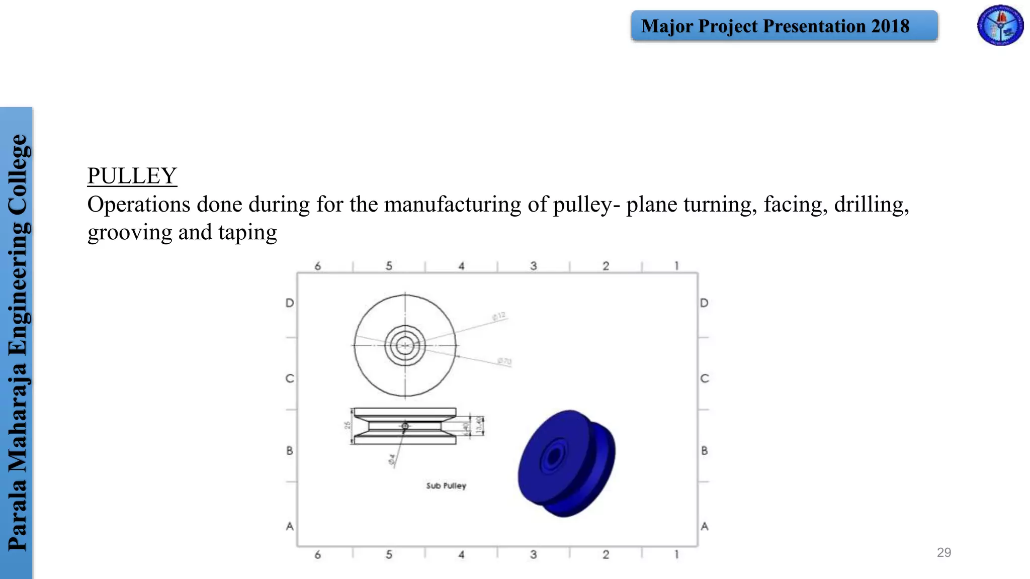 ParalaMaharajaEngineeringCollege Major Project Presentation 2018
29
PULLEY
Operations done during for the manufacturing of pulley- plane turning, facing, drilling,
grooving and taping
 
