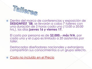IntinerarioMiercoles7:00 p.m. - Salida Aeropuerto de Mty rumbo a Gdl.10:00 p.m. –llegada a Gdl y traslado a hotel.JuevesVisita a Expo-Design (todo el dia)Evento programado (noche)Viernes Visita a Expo-Design (todo el dia)Evento Programado (noche)SabadoVisita a Expo-Design (medio dia)Medio dia libreDomingo Medio dia libreRegreso  en la noche