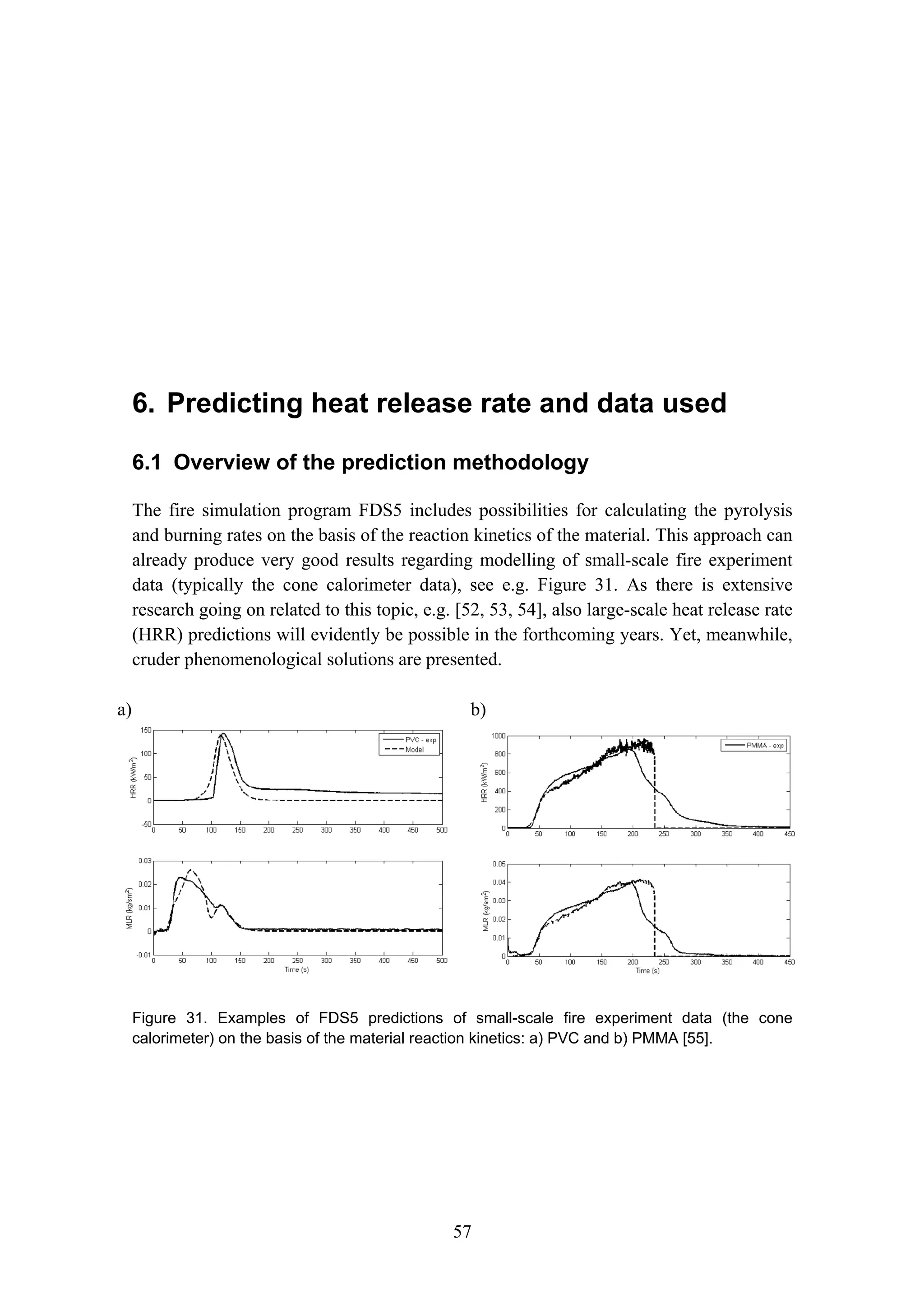 6. Predicting heat release rate and data used
57
6. Predicting heat release rate and data used
6.1 Overview of the prediction methodology
The fire simulation program FDS5 includes possibilities for calculating the pyrolysis
and burning rates on the basis of the reaction kinetics of the material. This approach can
already produce very good results regarding modelling of small-scale fire experiment
data (typically the cone calorimeter data), see e.g. Figure 31. As there is extensive
research going on related to this topic, e.g. [52, 53, 54], also large-scale heat release rate
(HRR) predictions will evidently be possible in the forthcoming years. Yet, meanwhile,
cruder phenomenological solutions are presented.
a) b)
Figure 31. Examples of FDS5 predictions of small-scale fire experiment data (the cone
calorimeter) on the basis of the material reaction kinetics: a) PVC and b) PMMA [55].
 