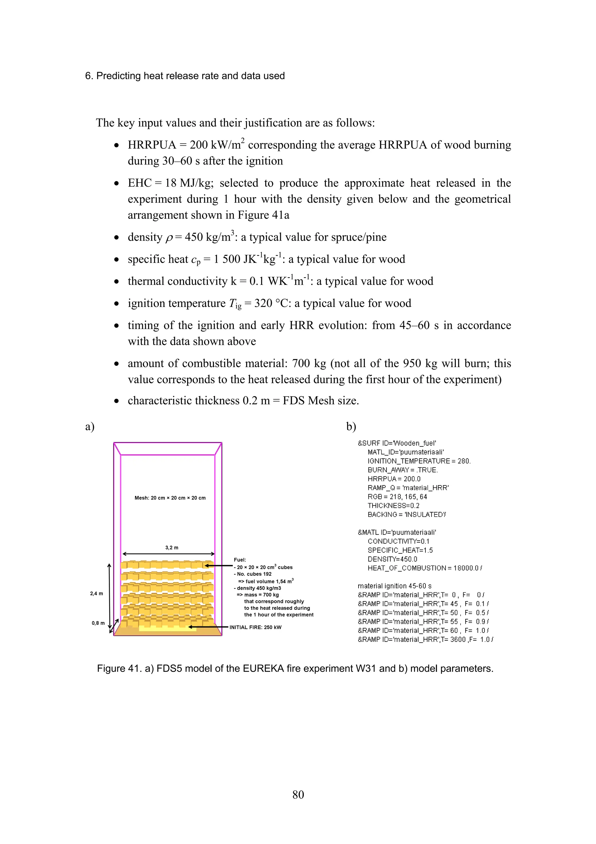 6. Predicting heat release rate and data used
80
The key input values and their justification are as follows:
• HRRPUA = 200 kW/m2
corresponding the average HRRPUA of wood burning
during 30–60 s after the ignition
• EHC = 18 MJ/kg; selected to produce the approximate heat released in the
experiment during 1 hour with the density given below and the geometrical
arrangement shown in Figure 41a
• density ρ = 450 kg/m3
: a typical value for spruce/pine
• specific heat cp = 1 500 JK-1
kg-1
: a typical value for wood
• thermal conductivity k = 0.1 WK-1
m-1
: a typical value for wood
• ignition temperature Tig = 320 °C: a typical value for wood
• timing of the ignition and early HRR evolution: from 45–60 s in accordance
with the data shown above
• amount of combustible material: 700 kg (not all of the 950 kg will burn; this
value corresponds to the heat released during the first hour of the experiment)
• characteristic thickness 0.2 m = FDS Mesh size.
a) b)
Figure 41. a) FDS5 model of the EUREKA fire experiment W31 and b) model parameters.
 