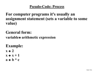 James Tam
Pseudo-Code: Process
For computer programs it's usually an
assignment statement (sets a variable to some
value)
General form:
variable arithmetic expression
Example:
x  2
x  x + 1
a  b * c
 