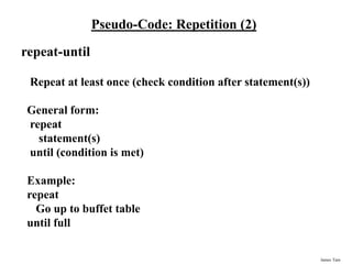 James Tam
Pseudo-Code: Repetition (2)
repeat-until
Repeat at least once (check condition after statement(s))
General form:
repeat
statement(s)
until (condition is met)
Example:
repeat
Go up to buffet table
until full
 