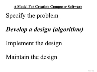 James Tam
A Model For Creating Computer Software
Specify the problem
Develop a design (algorithm)
Implement the design
Maintain the design
 