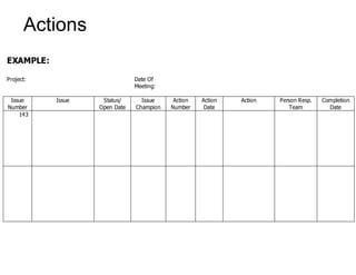 Actions
EXAMPLE:
Project: Date Of
Meeting:
Issue
Number
Issue Status/
Open Date
Issue
Champion
Action
Number
Action
Date
Action Person Resp.
Team
Completion
Date
143
 