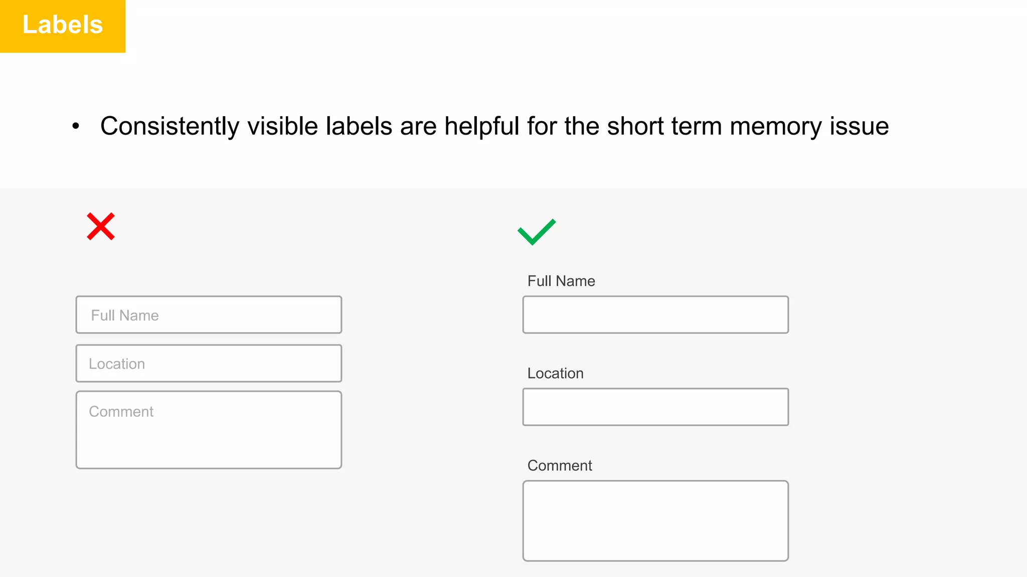 Labels
• Consistently visible labels are helpful for the short term memory issue
Full Name
Location
Comment
Full Name
Location
Comment
 