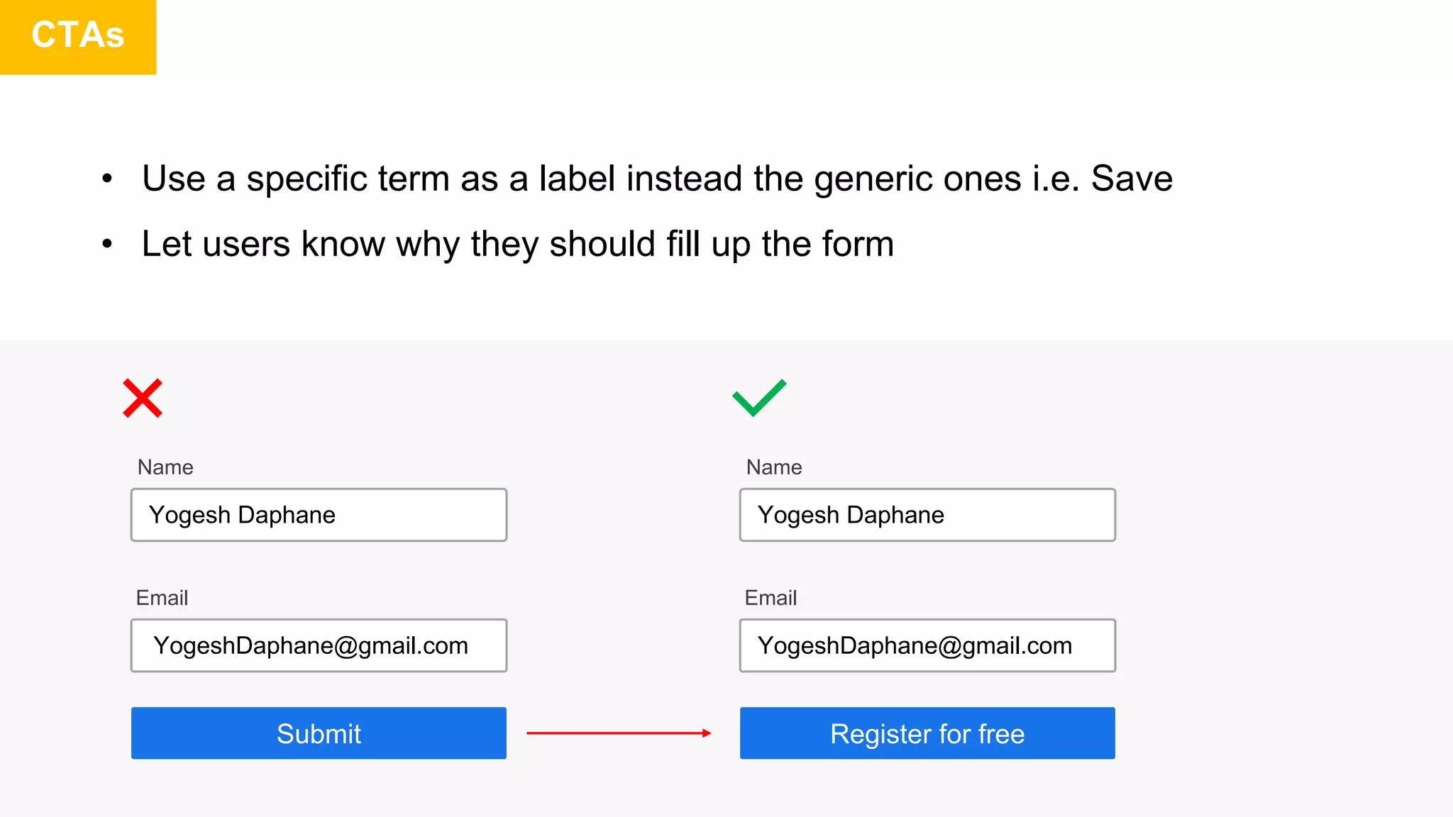 CTAs
• Use a specific term as a label instead the generic ones i.e. Save
• Let users know why they should fill up the form
Name
Email
Register for free
YogeshDaphane@gmail.com
Yogesh Daphane
Name
Email
Submit
Yogesh Daphane
YogeshDaphane@gmail.com
 