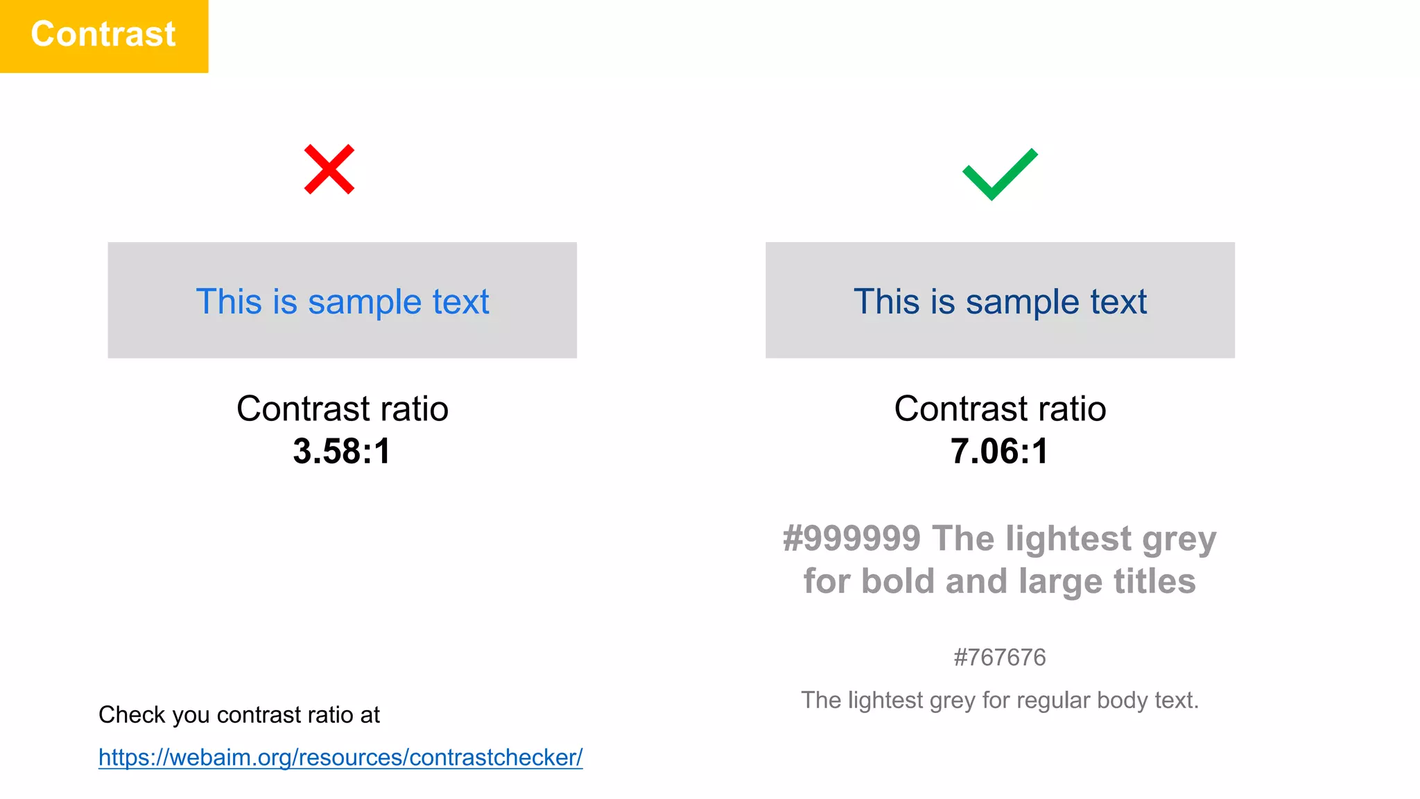 Check you contrast ratio at
https://webaim.org/resources/contrastchecker/
Contrast
This is sample text This is sample text
Contrast ratio
7.06:1
Contrast ratio
3.58:1
#999999 The lightest grey
for bold and large titles
#767676
The lightest grey for regular body text.
 