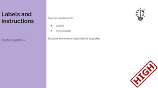 Labels and
instructions
Understandable
Inputs require either:
● Labels
● Instructions
So users know what input data is expected
 