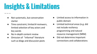 Insights & Limitations
● Not systematic, but conversation
starter
● Time constraint, limited # reviewers,
limited selection of key actors and
key words
● No in-depth content review
● Omission of “informal” literature
such as blogs and discussion posts
● Limited access to information in
public domain
● Limited technical areas (e.g. did
not include resiliency
programming and natural
resource management (NRM)
● Did not determine important
connections and collaborations
 