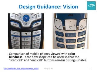 Design Guidance: Vision

Comparison of mobile phones viewed with color
blindness - note how shape can be used so that the
"start call" and "end call" buttons remain distinguishable
User capabilities from inclusive design toolkit

Design for ALL

32

 