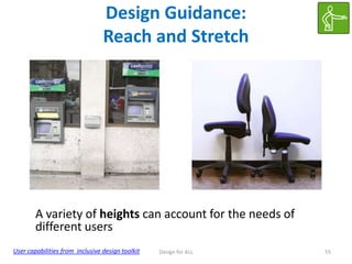 Design Guidance:
Reach and Stretch

A variety of heights can account for the needs of
different users
User capabilities from inclusive design toolkit

Design for ALL

55

 
