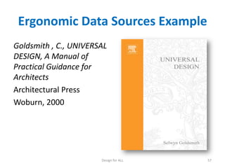 Ergonomic Data Sources Example
Goldsmith , C., UNIVERSAL
DESIGN, A Manual of
Practical Guidance for
Architects
Architectural Press
Woburn, 2000

Design for ALL

57

 