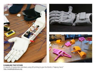 E-NABLING THE FUTURE
A network of passionate volunteers using 3D printing to give the World a "Helping Hand.”
http://enablingthefuture.org
 