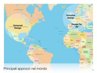 Principali approcci nel mondo
Universal
Design
Inclusive
Design
Design for
All
6
 