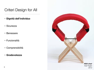 Criteri Design for All
• Dignità dell’individuo
• Sicurezza

• Benessere

• Funzionalità

• Comprensibilità

• Gradevolezza
HOX chair
Asaf Yogev
20128
 