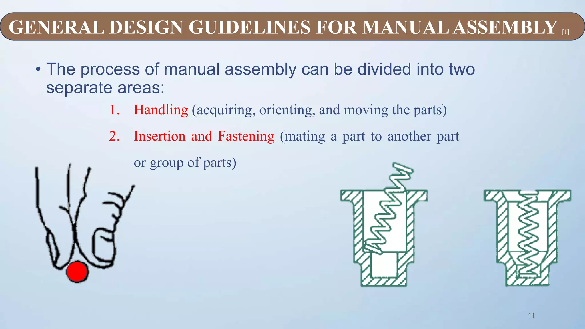 11
• The process of manual assembly can be divided into two
separate areas:
1. Handling (acquiring, orienting, and moving the parts)
2. Insertion and Fastening (mating a part to another part
or group of parts)
GENERAL DESIGN GUIDELINES FOR MANUALASSEMBLY [1]
 