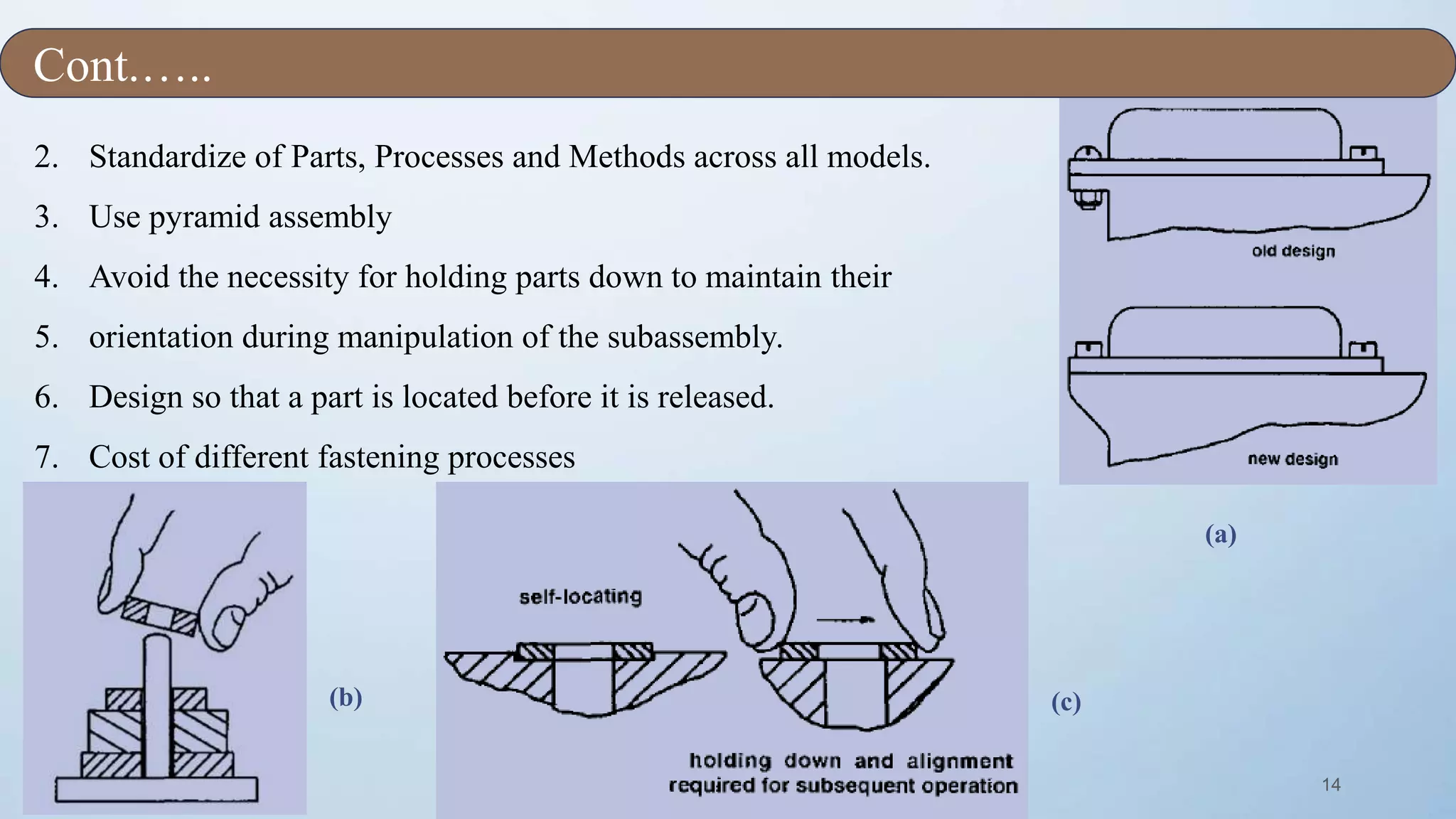 14
2. Standardize of Parts, Processes and Methods across all models.
3. Use pyramid assembly
4. Avoid the necessity for holding parts down to maintain their
5. orientation during manipulation of the subassembly.
6. Design so that a part is located before it is released.
7. Cost of different fastening processes
.
(c)(b)
(a)
Cont.…..
 