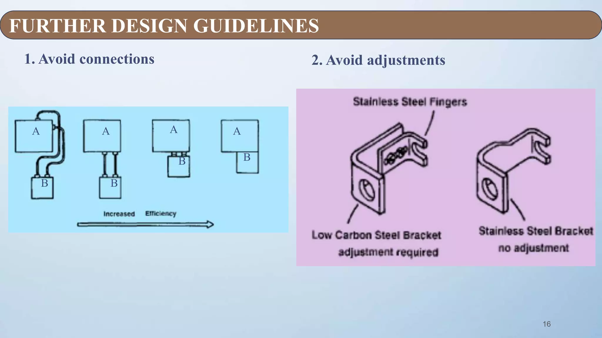 16
1. Avoid connections 2. Avoid adjustments
A
B
A A A
B
B B
FURTHER DESIGN GUIDELINES
 