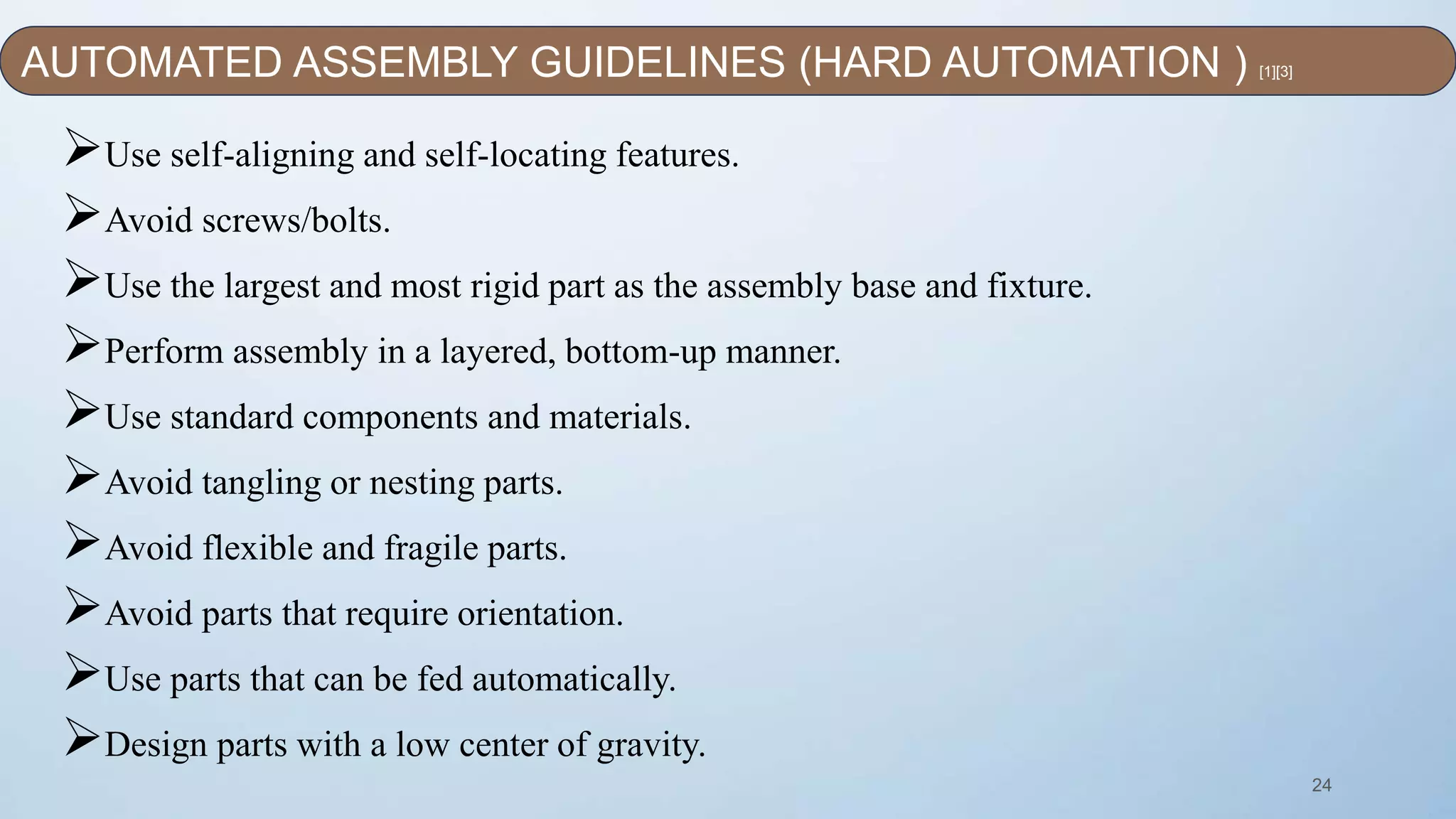 24
Use self-aligning and self-locating features.
Avoid screws/bolts.
Use the largest and most rigid part as the assembly base and fixture.
Perform assembly in a layered, bottom-up manner.
Use standard components and materials.
Avoid tangling or nesting parts.
Avoid flexible and fragile parts.
Avoid parts that require orientation.
Use parts that can be fed automatically.
Design parts with a low center of gravity.
AUTOMATED ASSEMBLY GUIDELINES (HARD AUTOMATION ) [1][3]
 