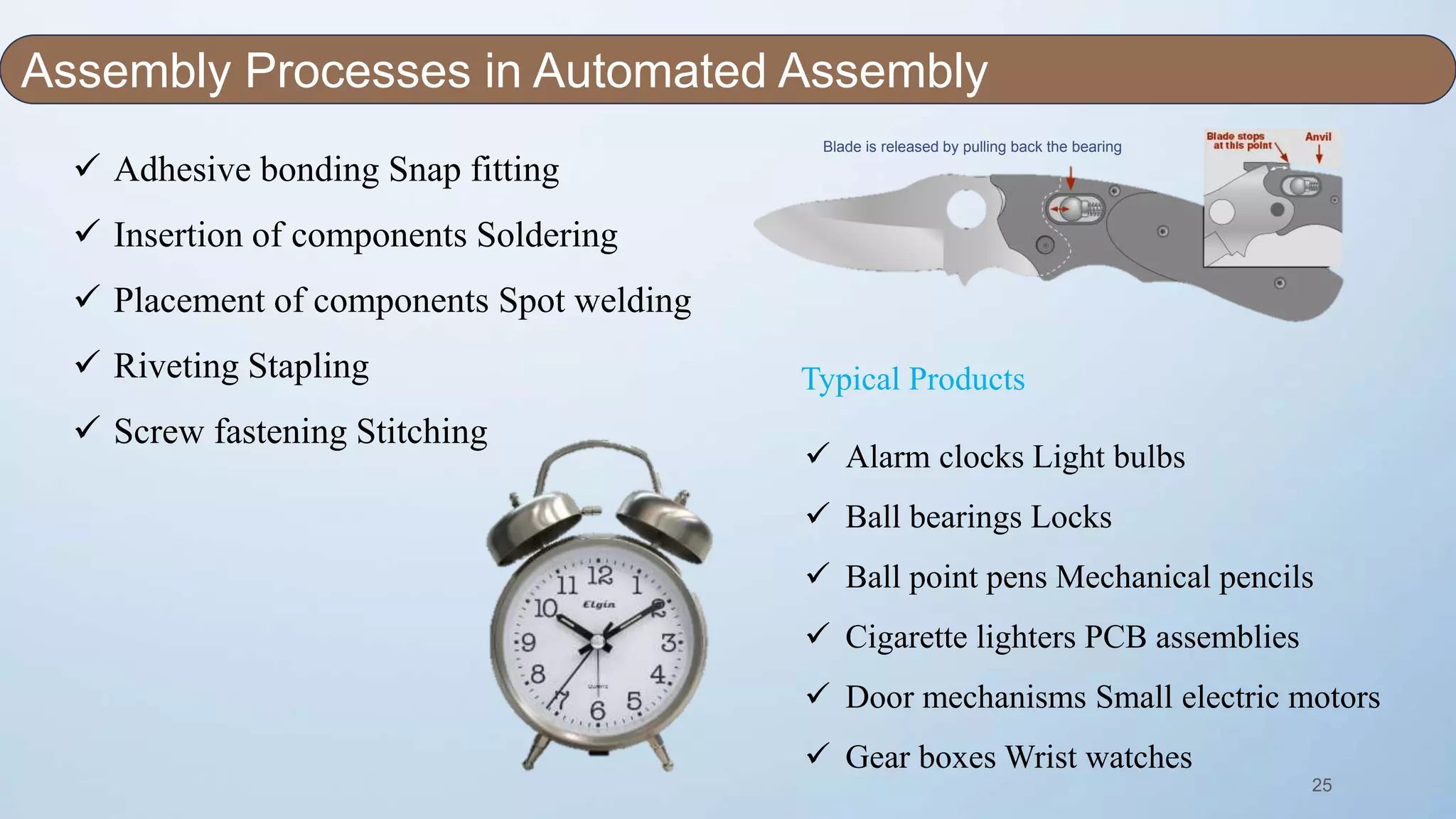 25
 Adhesive bonding Snap fitting
 Insertion of components Soldering
 Placement of components Spot welding
 Riveting Stapling
 Screw fastening Stitching
Typical Products
 Alarm clocks Light bulbs
 Ball bearings Locks
 Ball point pens Mechanical pencils
 Cigarette lighters PCB assemblies
 Door mechanisms Small electric motors
 Gear boxes Wrist watches
Assembly Processes in Automated Assembly
Blade is released by pulling back the bearing
 