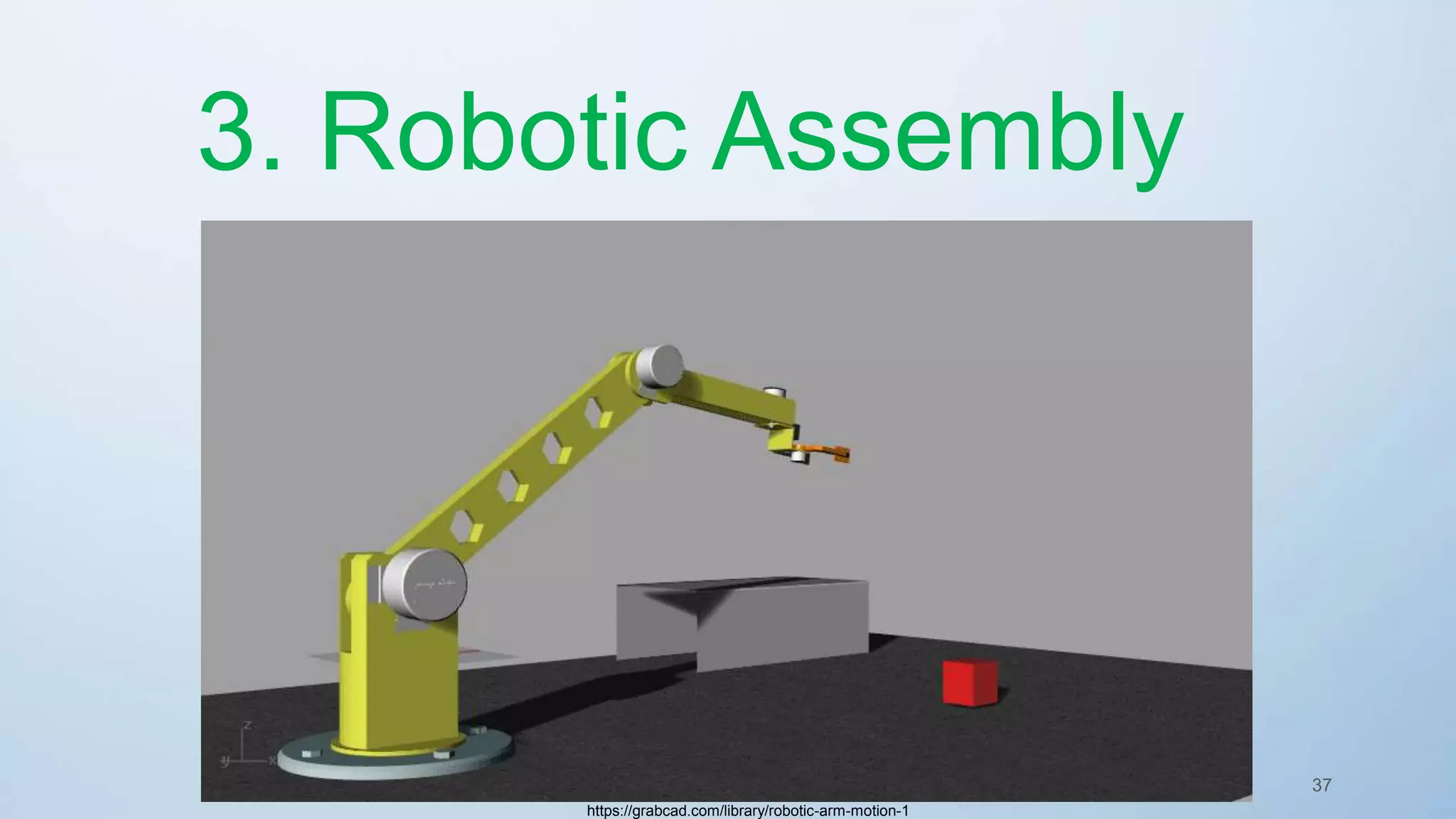 37
3. Robotic Assembly
https://grabcad.com/library/robotic-arm-motion-1
 