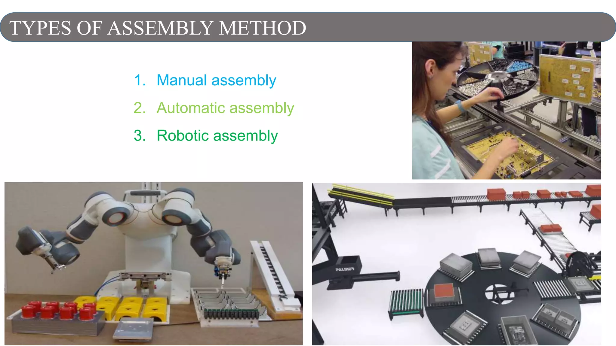 4
1. Manual assembly
2. Automatic assembly
3. Robotic assembly
TYPES OF ASSEMBLY METHOD
 