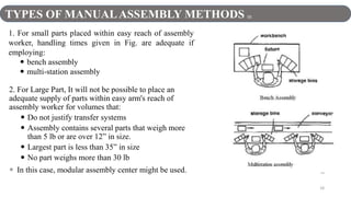 18
1. For small parts placed within easy reach of assembly
worker, handling times given in Fig. are adequate if
employing:
 bench assembly
 multi-station assembly
2. For Large Part, It will not be possible to place an
adequate supply of parts within easy arm's reach of
assembly worker for volumes that:
 Do not justify transfer systems
 Assembly contains several parts that weigh more
than 5 lb or are over 12” in size.
 Largest part is less than 35” in size
 No part weighs more than 30 lb
 In this case, modular assembly center might be used.
TYPES OF MANUALASSEMBLY METHODS [2]
 