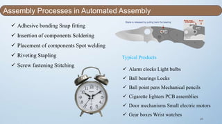 25
 Adhesive bonding Snap fitting
 Insertion of components Soldering
 Placement of components Spot welding
 Riveting Stapling
 Screw fastening Stitching
Typical Products
 Alarm clocks Light bulbs
 Ball bearings Locks
 Ball point pens Mechanical pencils
 Cigarette lighters PCB assemblies
 Door mechanisms Small electric motors
 Gear boxes Wrist watches
Assembly Processes in Automated Assembly
Blade is released by pulling back the bearing
 