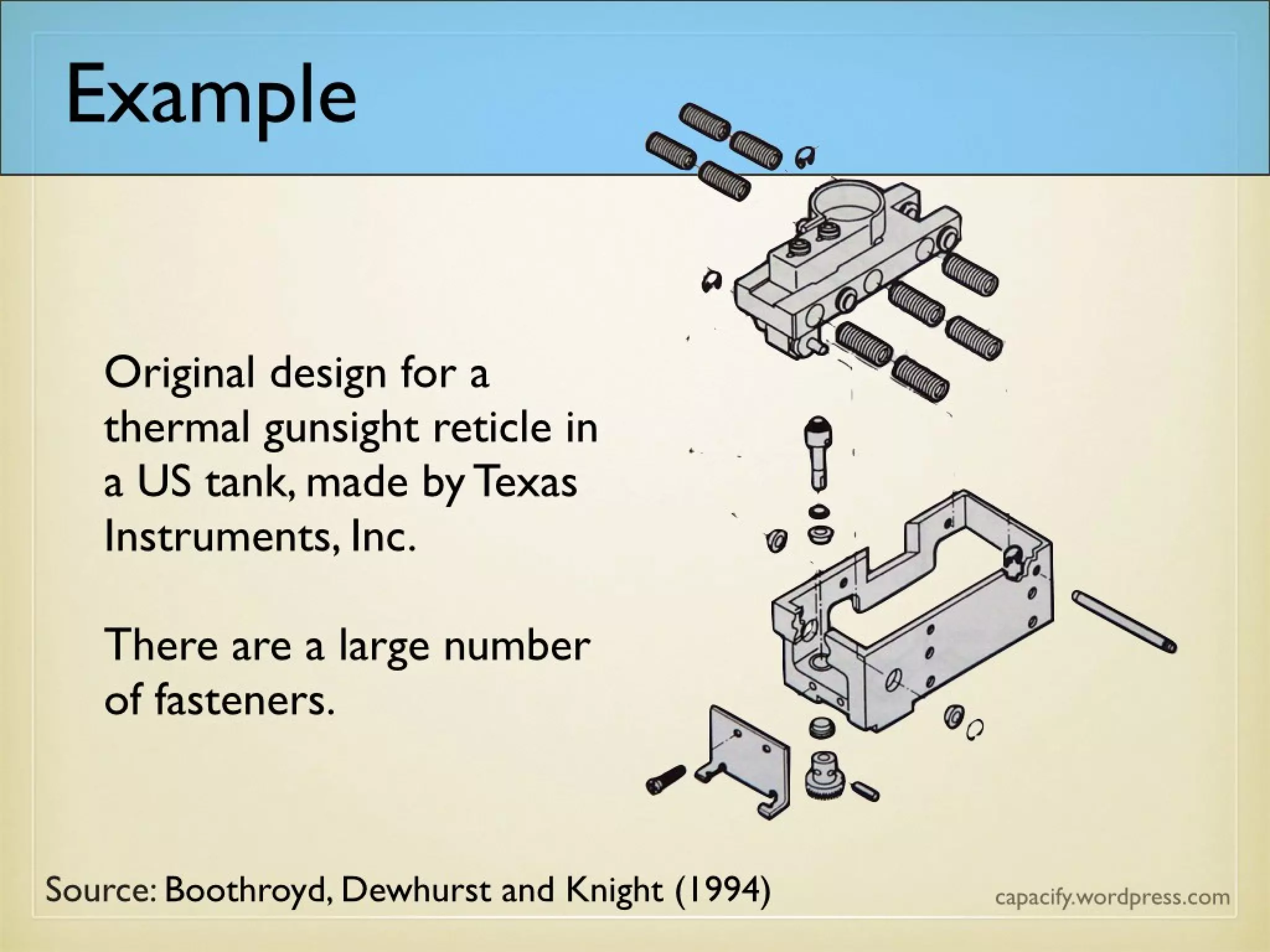 Original design for a
thermal gunsight reticle in a
US tank, made by Texas
Instruments, Inc.
There are a large number
of fasteners.
Example
ource: Boothroyd, Dewhurst and Knight (1994)
 