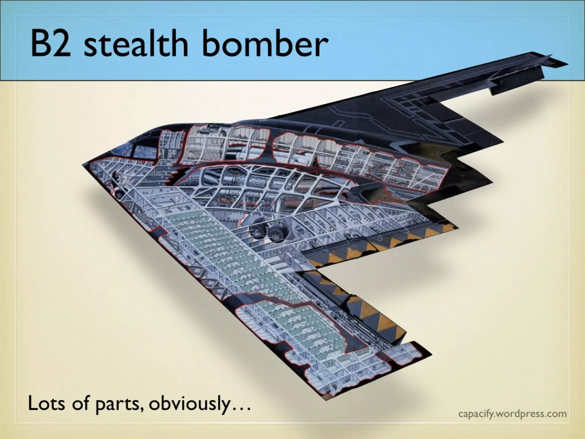 B2 stealth bomber
Lots of parts, obviously…
 