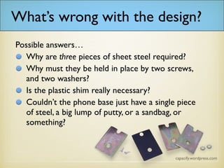What’s wrong with the design?
Possible answers…
Why are three pieces of sheet steel required?
Why must they be held in place by two screws, and two washers?
Is the plastic shim really necessary?
Couldn’t the phone base just have a single piece of steel, a big lump of putty, or a sandbag, or something?
 