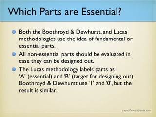 Both the Boothroyd & Dewhurst, and Lucas
methodologies use the idea of fundamental or
essential parts.
All non-essential parts should be evaluated in
case they can be designed out.
The Lucas methodology labels parts as ‘A’
(essential) and ‘B’ (target for designing out).
Boothroyd & Dewhurst use ‘1’ and ‘0’, but the
result is similar.
Which Parts are Essential?
 