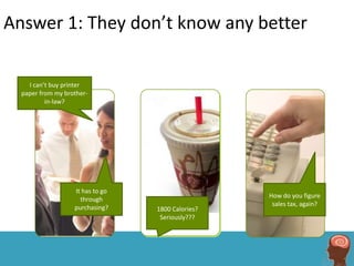 Answer 1: They don’t know any better

    I can’t buy printer
  paper from my brother-
          in-law?




                   It has to go
                                                   How do you figure
                     through
                                                    sales tax, again?
                   purchasing?    1800 Calories?
                                   Seriously???
 